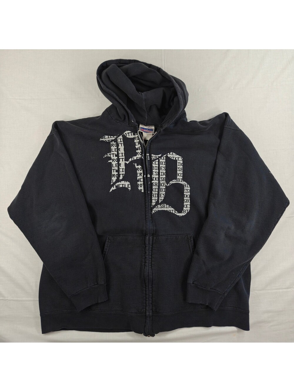 Vintage Hanes Ultimate Cotton Black Zip-Up Hoodie with Distressed Logo and Front